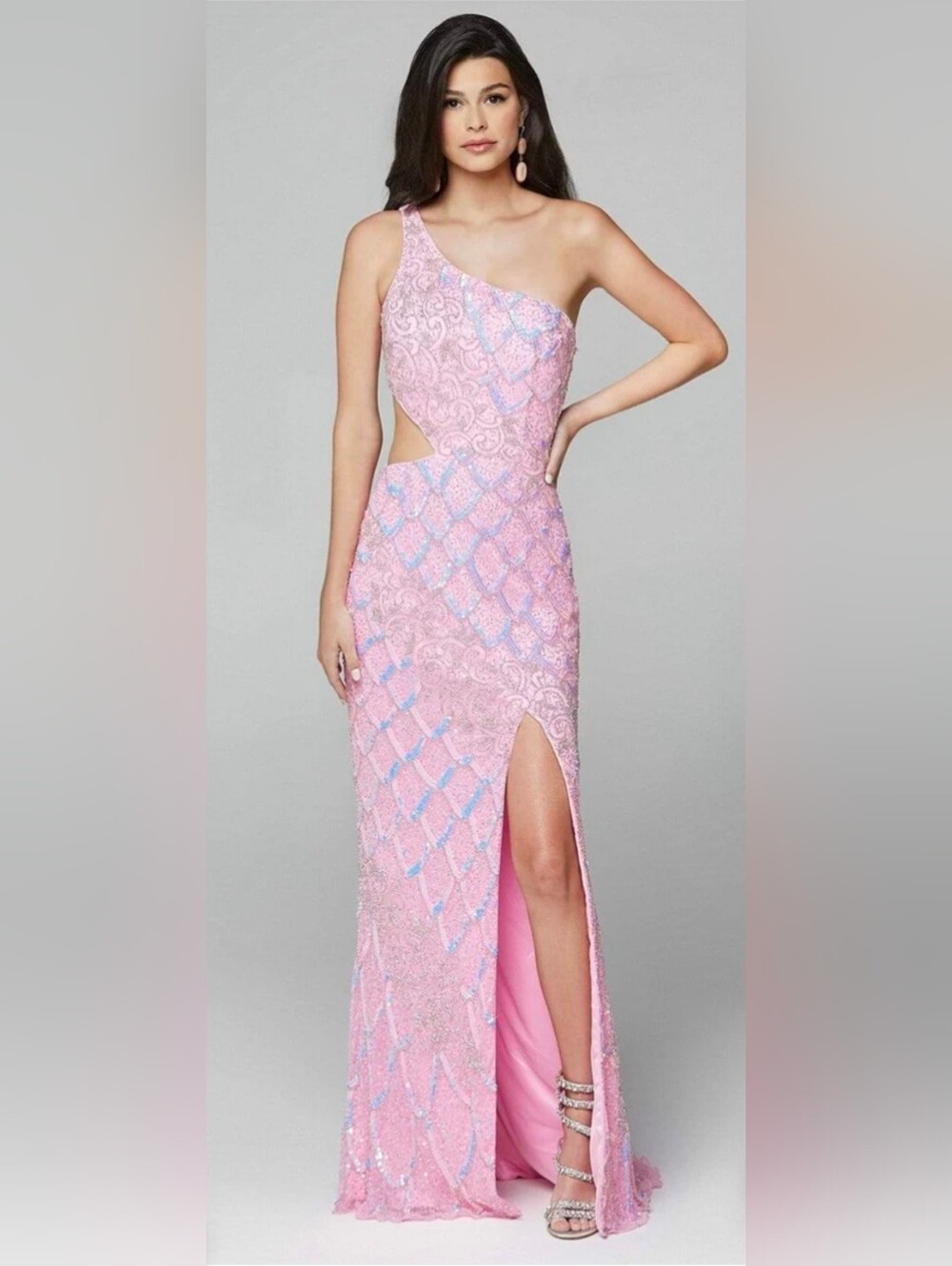 Primavera Couture Cutout One-Shoulder Pink Sequin Gown Maxi Dress Size 4 #3729
